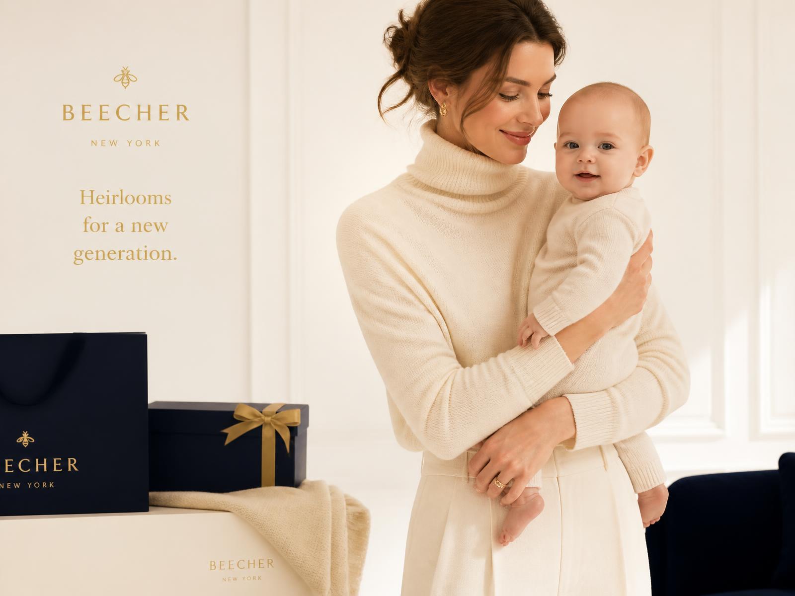A mother in cream cashmere holding her baby beside navy gift boxes